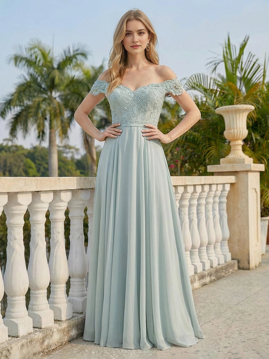 Vedress dusty blue wedding‑guest maxi gown, off‑shoulder lace bodice, short lace sleeves, chiffon skirt and pearl button‑up back