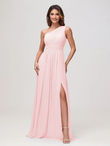 One Shoulder Draped Ruched Chiffon Bridesmaid Maxi Dress with Slit & Lace-Up Back