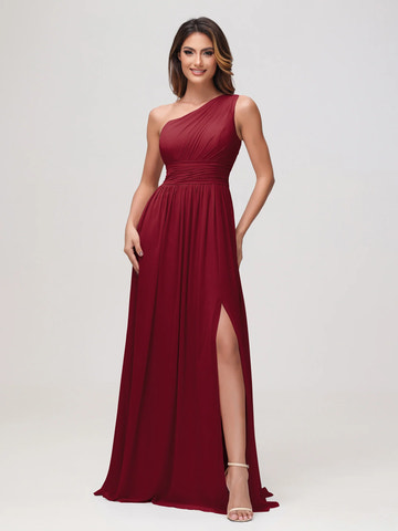 One Shoulder Draped Ruched Chiffon Bridesmaid Maxi Dress with Slit & Lace-Up Back