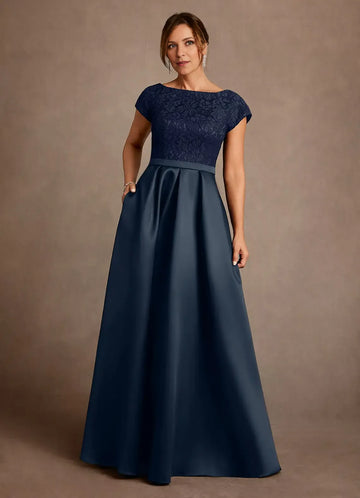 Elegant A Line Boat Neck Lace&Satin Floor Length Pocket Maxi Dress