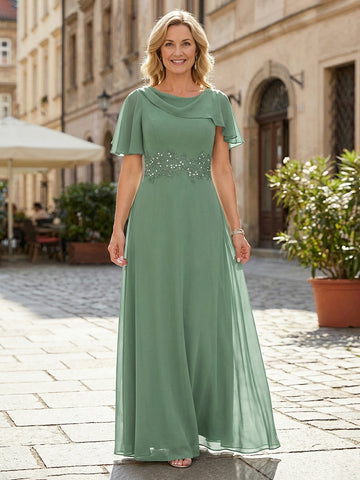 Vedress sage green chiffon mother of the bride dress cowl neck flutter sleeve beaded lace waist sash