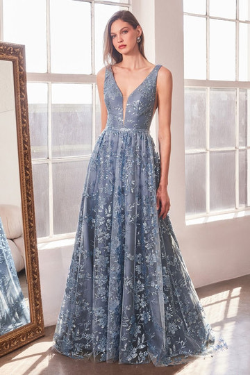 Elegant A-Line Deep V Neck Sleeveless Tulle Long Glitter Floral Evening Dress