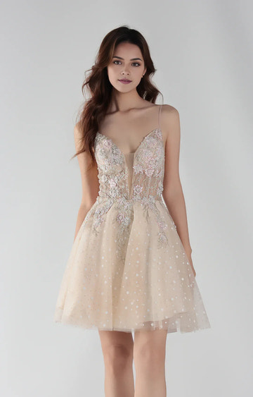 Elegant A Line Deep V Neck Tulle Short Floral Applique Homecoming Dress