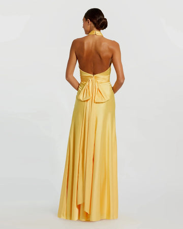 Elegant A-Line Halter Sleeveless Satin Wedding Guest Dress Long Bridesmaids Dress With Bow