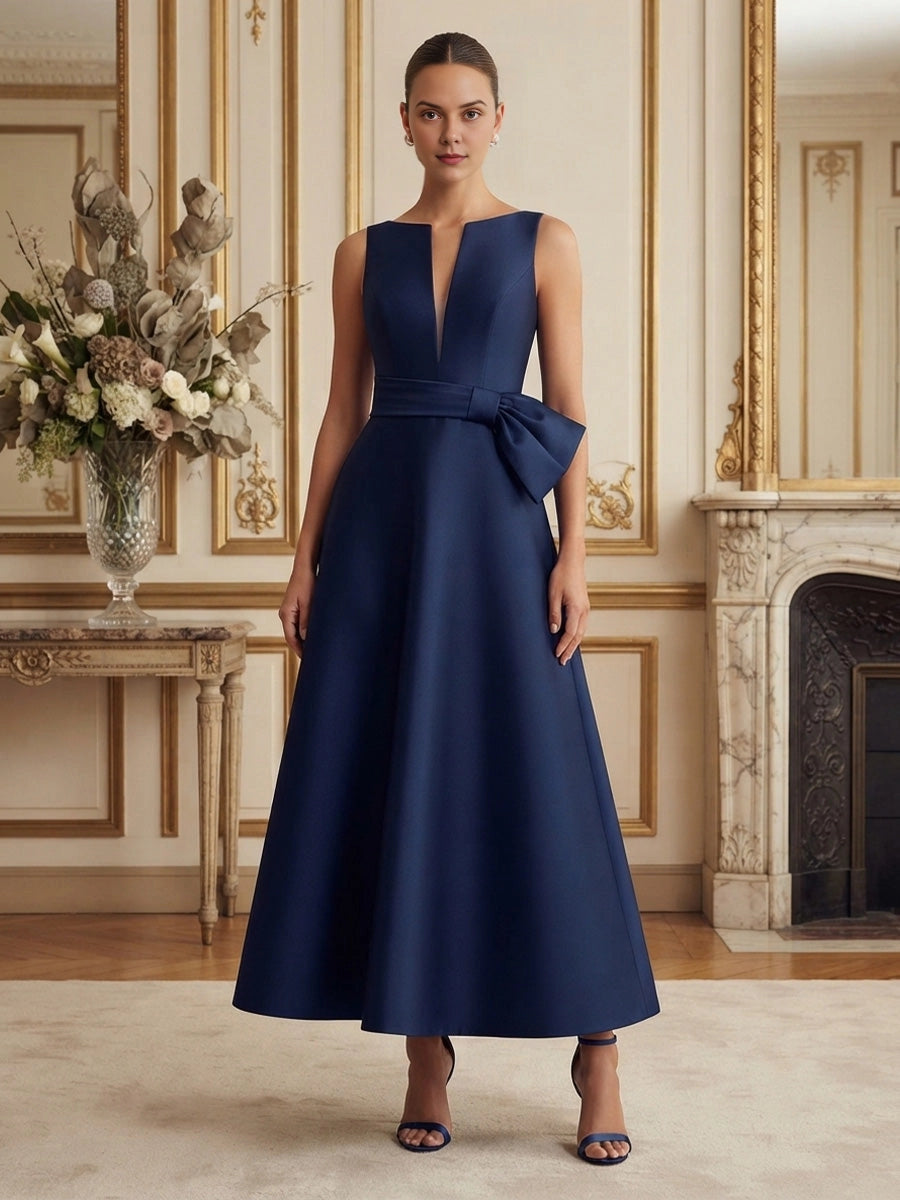 vedress navy a line midi mother of the bride dress notch v neck sleeveless waist bow formal gown