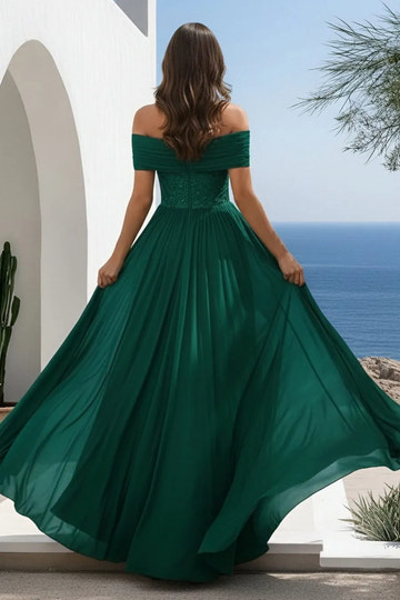 Elegant A Line Off Shoulder Chiffon Maxi Lace Evening Dress