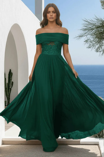 Elegant A Line Off Shoulder Chiffon Maxi Lace Evening Dress