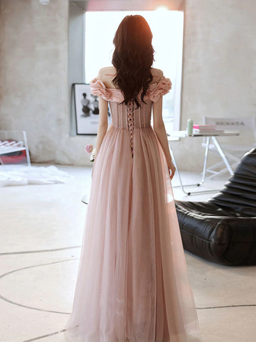Elegante Vestido de Fiesta Largo de Noche con Corsé en Satén y Tul, Corte en A, Hombros Descubiertos