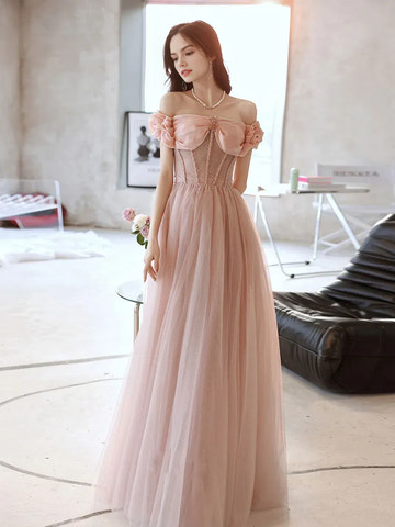 Elegante Vestido de Fiesta Largo de Noche con Corsé en Satén y Tul, Corte en A, Hombros Descubiertos