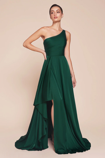 Elegant A-Line One-Shoulder Sleeveless Satin Maxi Ruched Bridesmaids Dress Evening Gown With Slit