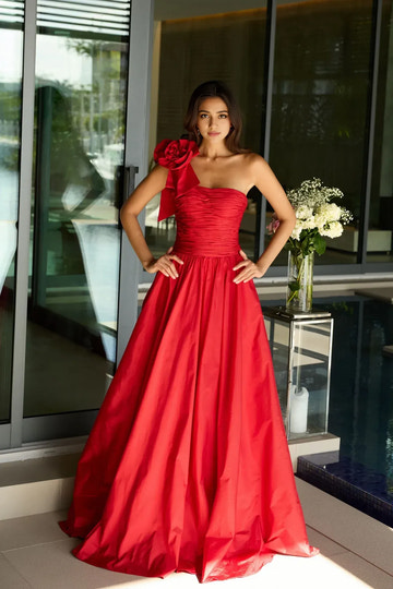 Elegant A Line One Shoulder Sleeveless Taffeta Maxi Evening Gown Ruched Floral Prom Dress