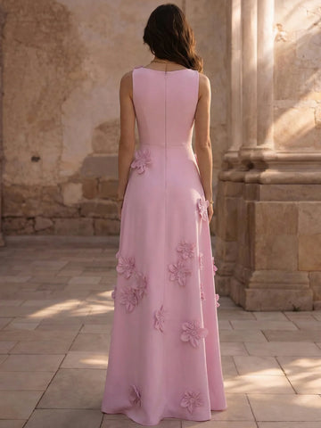 Elegant A-Line Round Neck Crepe 3D Floral Long Formal Evening Dress