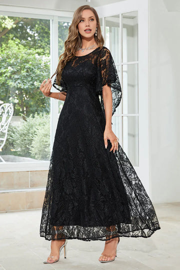 Elegant A Line Round Neck Lace Floor Length Flutter Sleeve Maxi Dress