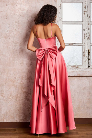 Elegant A-Line Spaghetti Strap Satin Evening Dress Floor-Length Bow Back Prom Dress