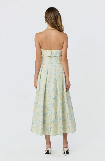 Elegant A Line Strapless Satin Midi Floral Formal Dress