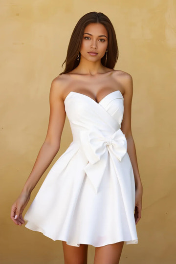 Elegante vestido de satén corto sin tirantes con lazo para regreso a casa