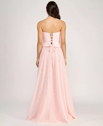 Elegant A Line Strapless Satin Tulle Long Prom Dress Bow Corset Evening Dress