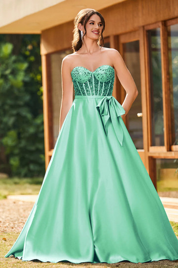 Elegant A-Line Strapless Sleeveless Satin Long Corset Prom Dress