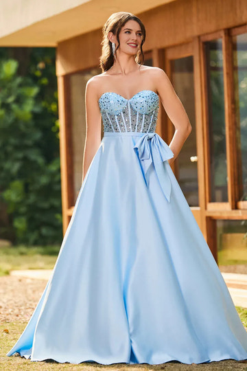 Elegant A-Line Strapless Sleeveless Satin Long Corset Prom Dress