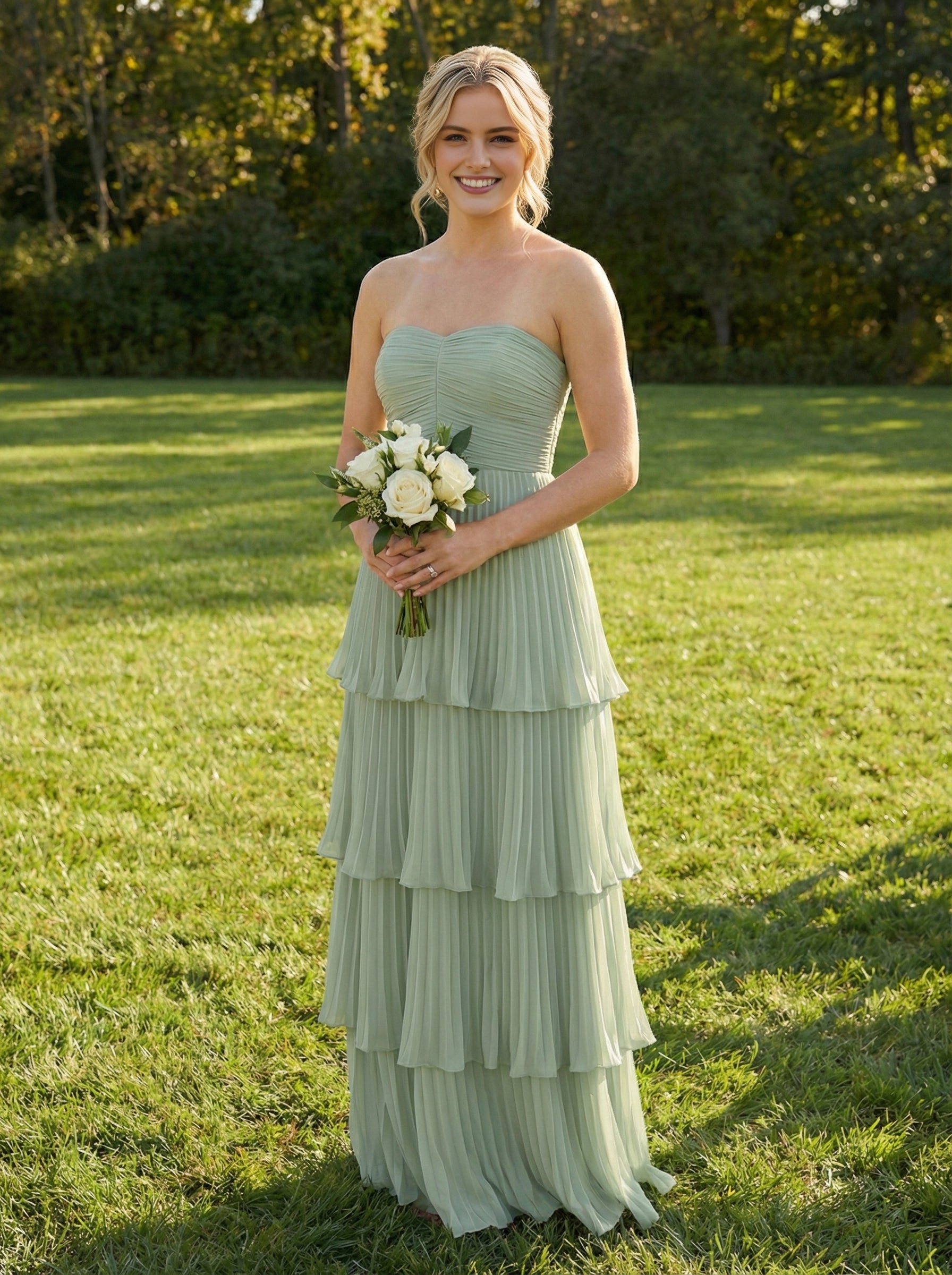 Vedress sage green pleated chiffon strapless tiered‑skirt long bridesmaid dress with sweetheart ruched bodice