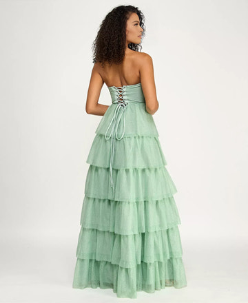 Elegant A Line Strapless Tulle Floor Length Corset Tiered Prom Dress