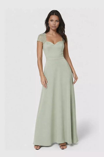 Elegant A-Line Sweetheart Short Chiffon Long Lace Cap Sleeve Bridesmaids Dress Back Evening Dress
