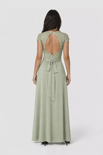 Elegant A-Line Sweetheart Short Chiffon Long Lace Cap Sleeve Bridesmaids Dress Back Evening Dress
