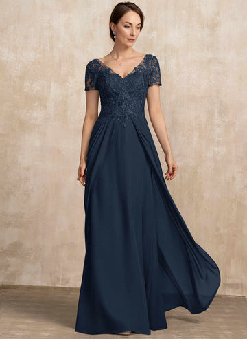 Vedress navy mother of the bride dress, v neck lace short sleeves, illusion sheer back, chiffon split floor gown