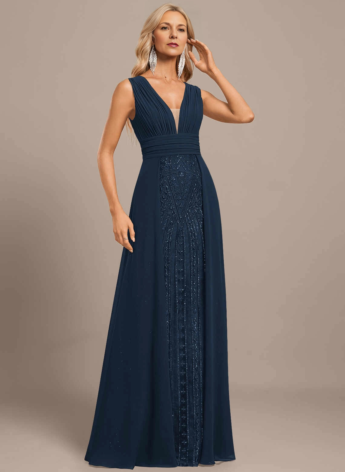Vedress Navy V‑Neck Sleeveless Lace Panel Mother Dress Front View