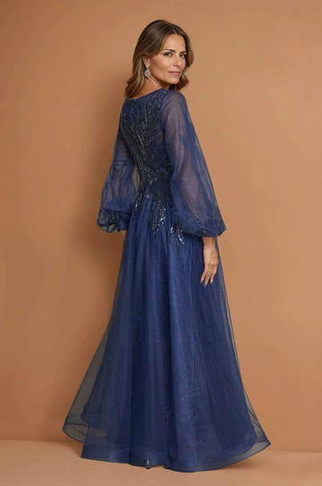 Elegant A Line V Neck Tulle Long Sleeve Mother of the Bride Dress Sequin Evening Gown