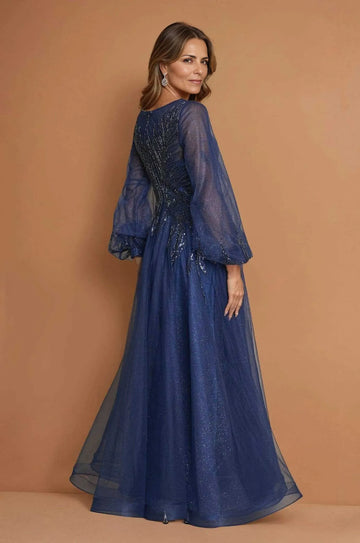 Elegant A Line V Neck Tulle Long Sleeve Mother of the Bride Dress Sequin Evening Gown