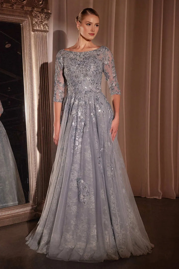 Elegant A-line Boat-neck Three-quarter-sleeve Lace Tulle Floor-length Beaded Evening Gown
