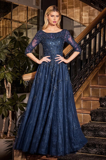 Elegant A-line Boat-neck Three-quarter-sleeve Lace Tulle Floor-length Beaded Evening Gown