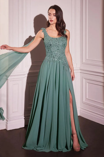 Elegant A-line Scoop-neck Sleeveless Chiffon Floor-length Beaded Lace Cape Evening Gown
