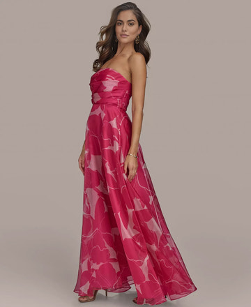 Elegant A-line Strapless Organza Print Maxi Formal Evening Dress