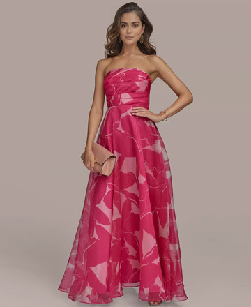 Elegant A-line Strapless Organza Print Maxi Formal Evening Dress