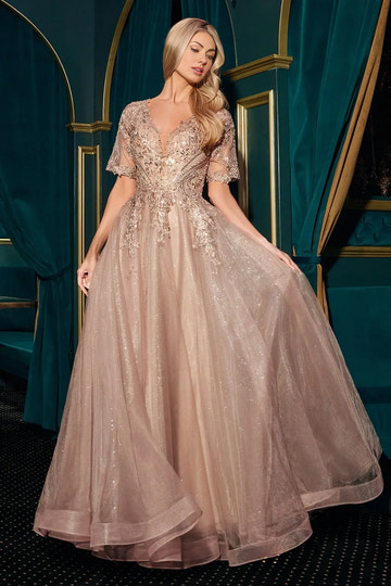 Elegant A-line V-neck Elbow-length Glitter Tulle Floor-length Lace Applique Evening Gown