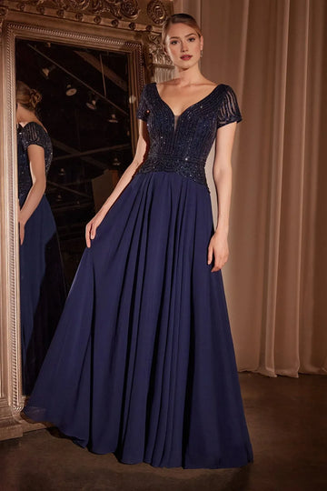 Elegant A-line V-neck Short-sleeve Chiffon Mother of the Bride Dress Beaded Bodice Evening Gown