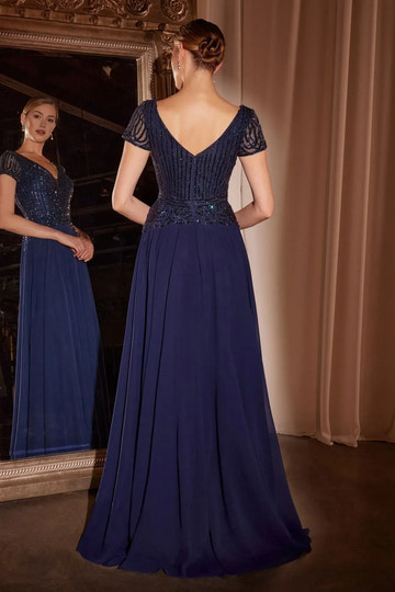 Elegant A-line V-neck Short-sleeve Chiffon Mother of the Bride Dress Beaded Bodice Evening Gown