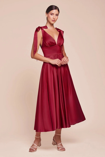 Elegant A-line V-neck Sleeveless Satin Midi Bow Strap Open Back Bridesmaid Dress