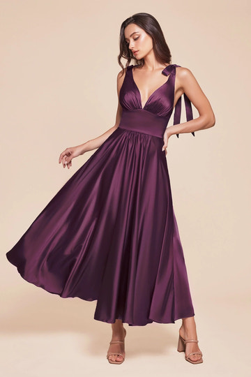 Elegant A-line V-neck Sleeveless Satin Midi Bow Strap Open Back Bridesmaid Dress