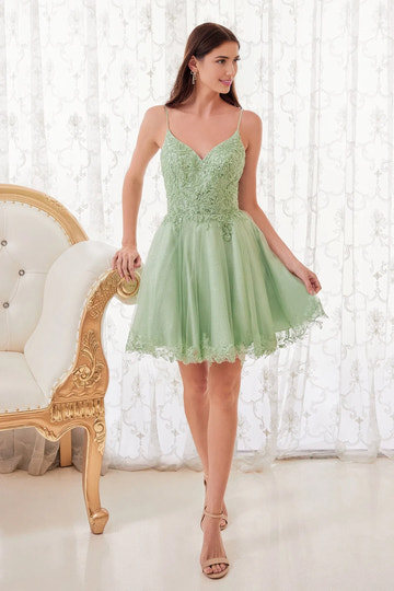 Elegant A-line V-neck Spaghetti Strap Glitter Tulle Short Beaded Lace Homecoming Dress