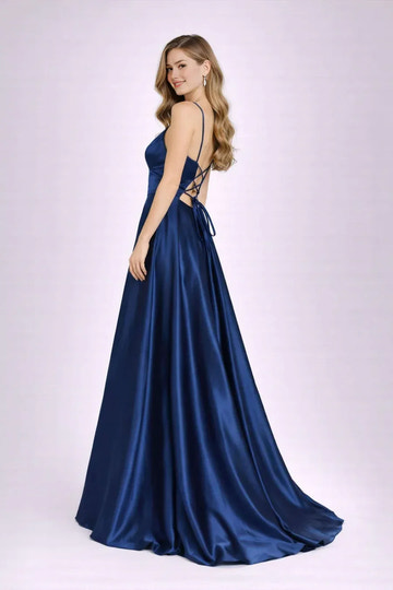 Elegant ALine VNeck Satin FloorLength LaceUp Back Evening Gown