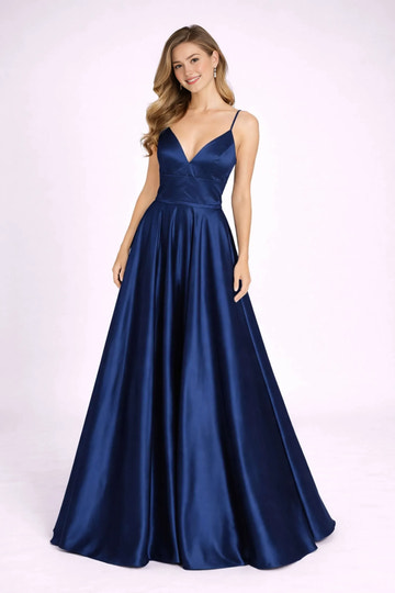 Elegant ALine VNeck Satin FloorLength LaceUp Back Evening Gown