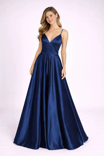 Elegant ALine VNeck Satin FloorLength LaceUp Back Evening Gown
