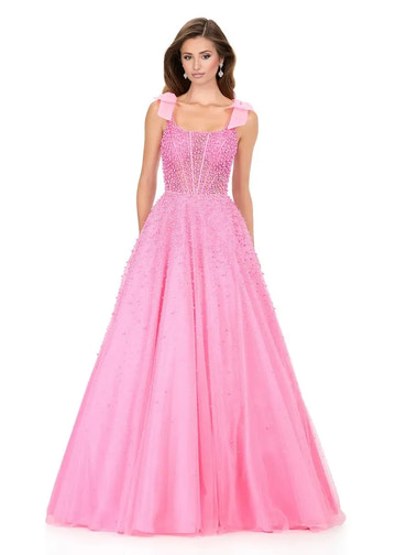 Elegant Aline Square Neck Tulle Long Beaded Bow Corset Prom Dress