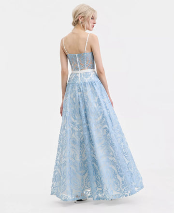 Elegant Aline Square Neck Lace Floorlength Bow Corset Prom Dress