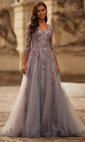 Elegant Aline VNeck Tulle FloorLength Lace Applique Evening Dress