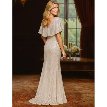 Sheath Column Vintage Cape Neck Sleeveless Sequin Party Mother of the Bride Dress