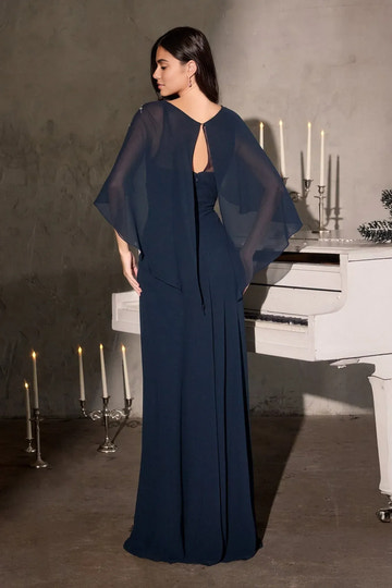 Elegant Column Scoop-neck Cape-sleeve Chiffon Floor-length Ruched Mother of Bride Gown